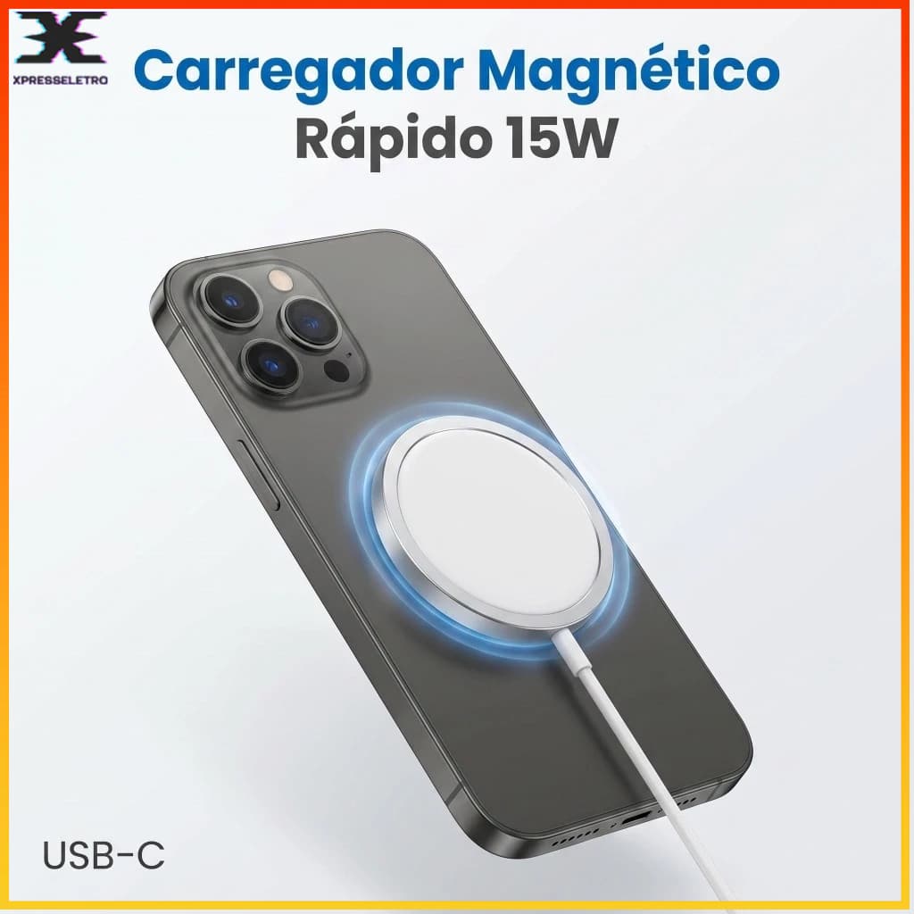 Carregador Magnético Sem Fio 15W para iPhone Compatível com MagSafe Carregamento Rápido Wireless USB-C/TIPO C