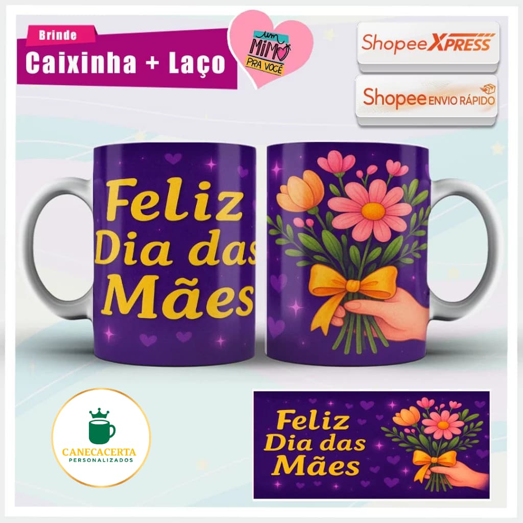 Caneca Buquê De Flores Feliz Dia Das Mães Presente Com Caixa E Laço Xicara Ceramica 325ml
