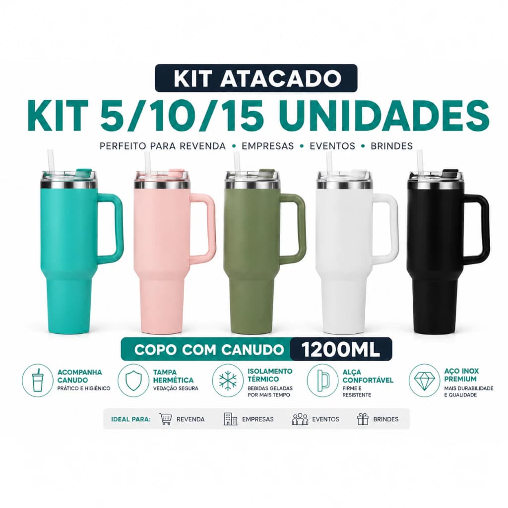 KIT 5/10/15 unidades Copo garrafa Térmica Inox 1200ml Parede Dupla tampa Canudo Premium