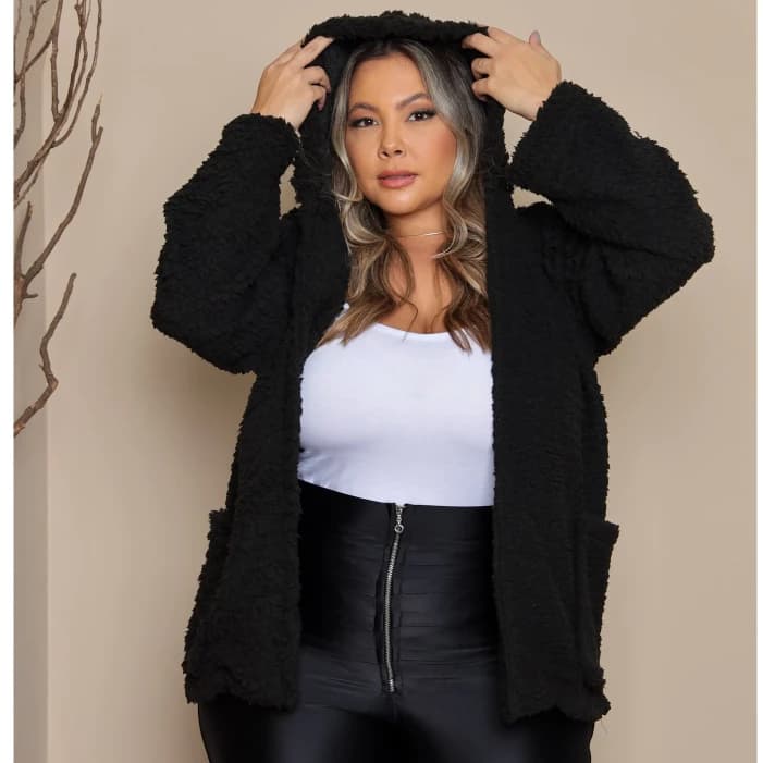 Casaco Sobretudo Teddy Com Capuz Moda Inverno Moda Grande Pelinho