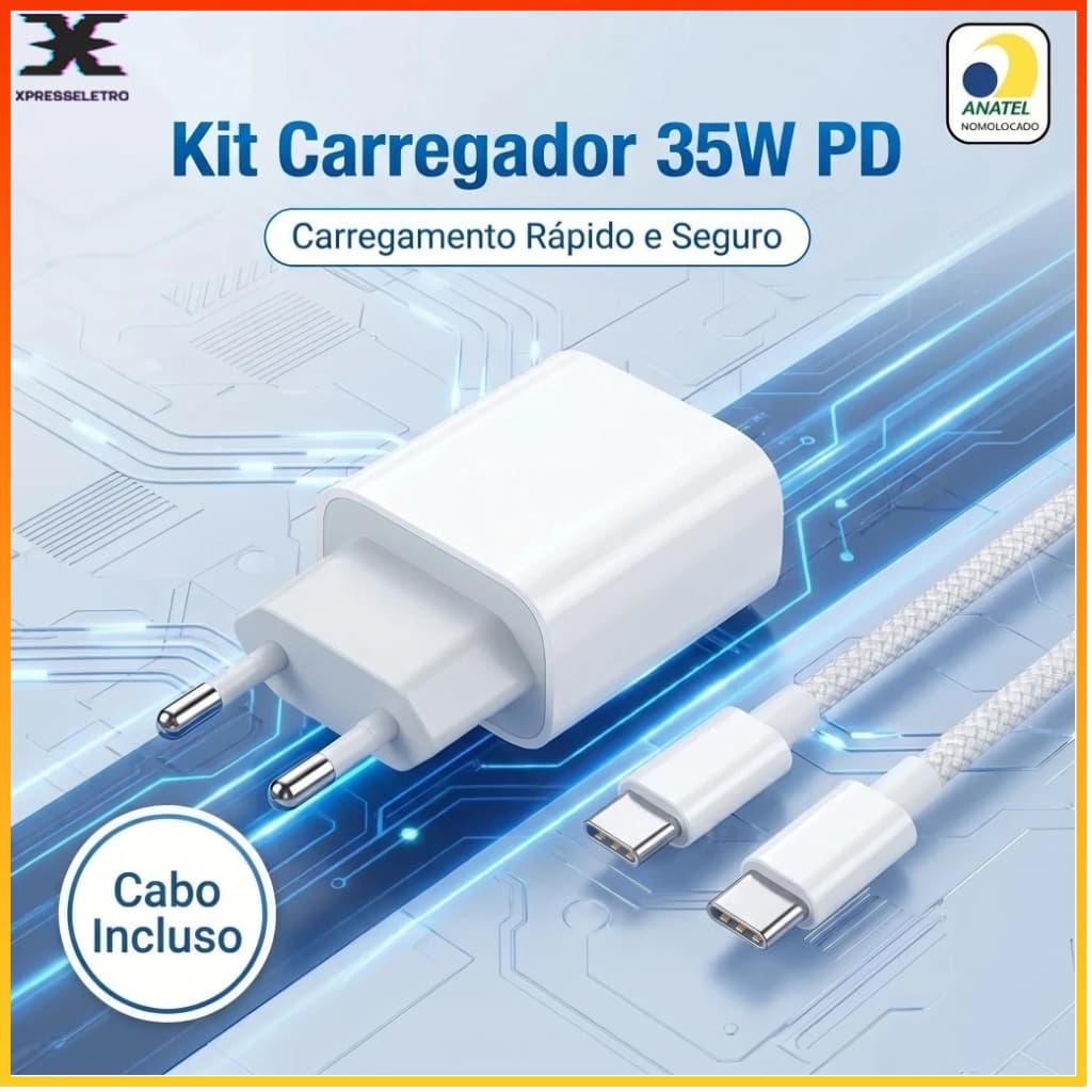 Kit Carregador Turbo 35W PD USB-C com Cabo Tipo-C para Carregamento Rápido Compatível Aandroid Iphone 15/16/17