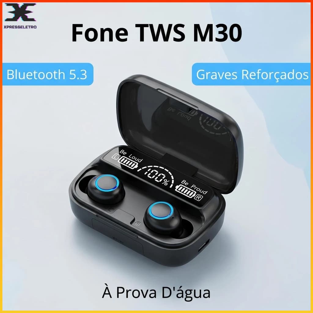 Fone Bluetooth 5.3 TWS M30 Sem Fio Touch Cancelamento de Ruído Resistente à Água Esportivo