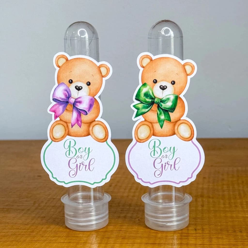 APLIQUES PARA TUBETES CHÁ REVELAÇÃO URSINHO ROSA E VERDE TAGS PERSONALIZADAS LEMBRANÇINHA DE FESTAFAÇO QUALQUER TEMA