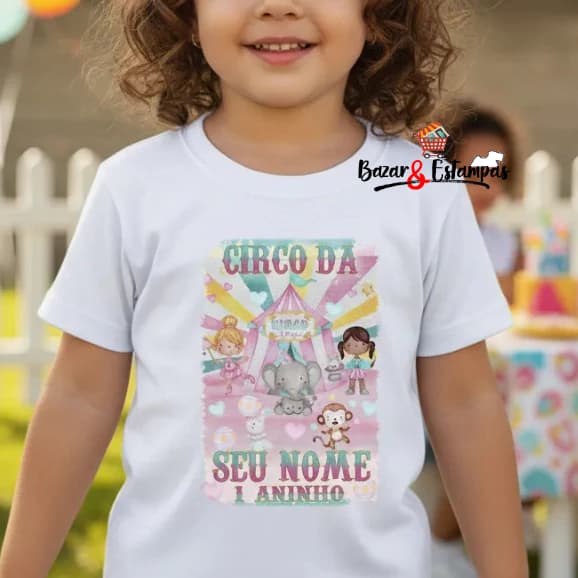 1 Camiseta Circo Rosa Aquarelado Personalizado Informe Via Chat Nome Idade e Parentesco