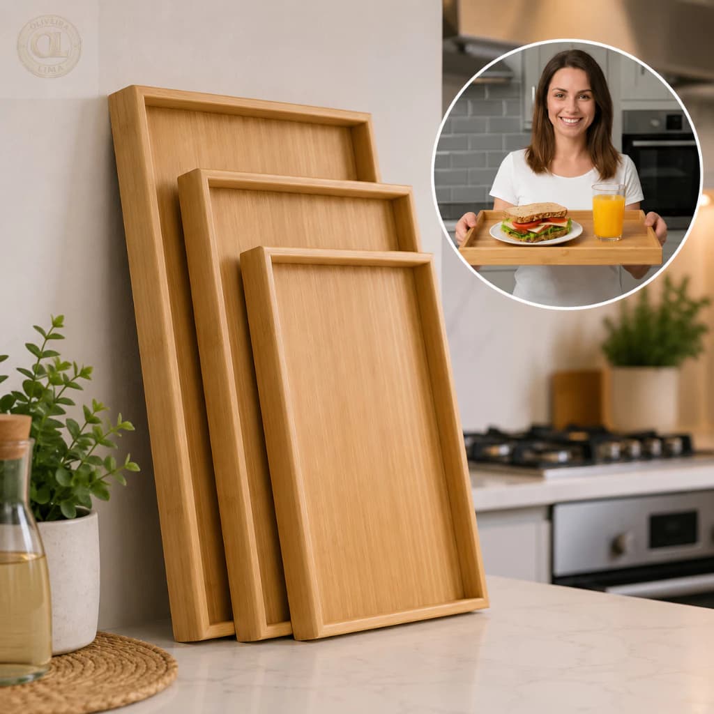 Conjunto de 3 Bandejas Retangulares de Bambu Para Café da Manhã Kit Decoração Moderna Elegante MDF