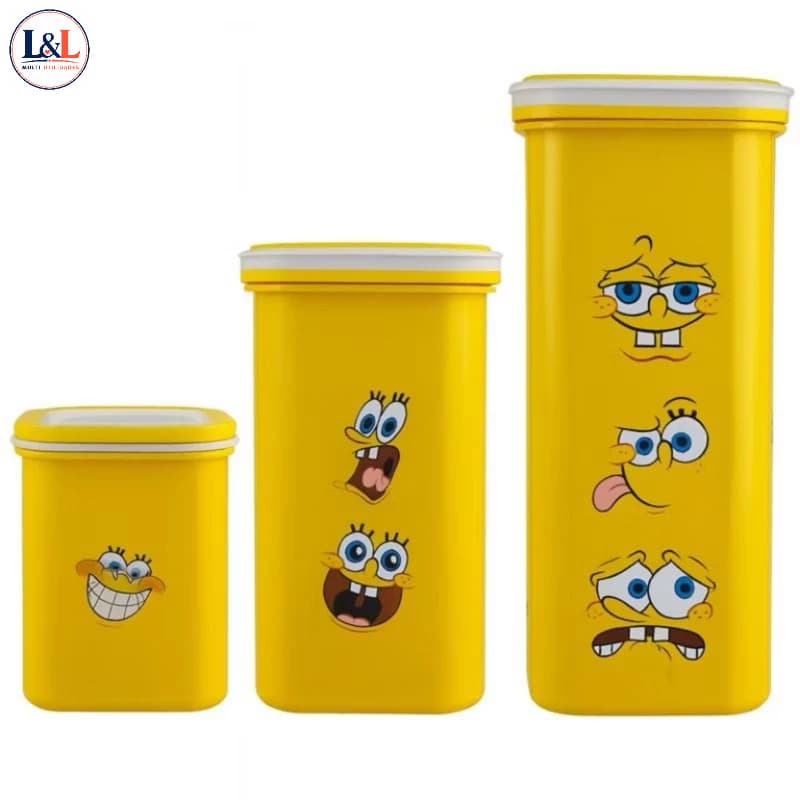 Kit 3 Potes Herméticos Bob Esponja | 1 Grande + 1 Médio + 1 Pequeno | Organizador Cozinha Infantil