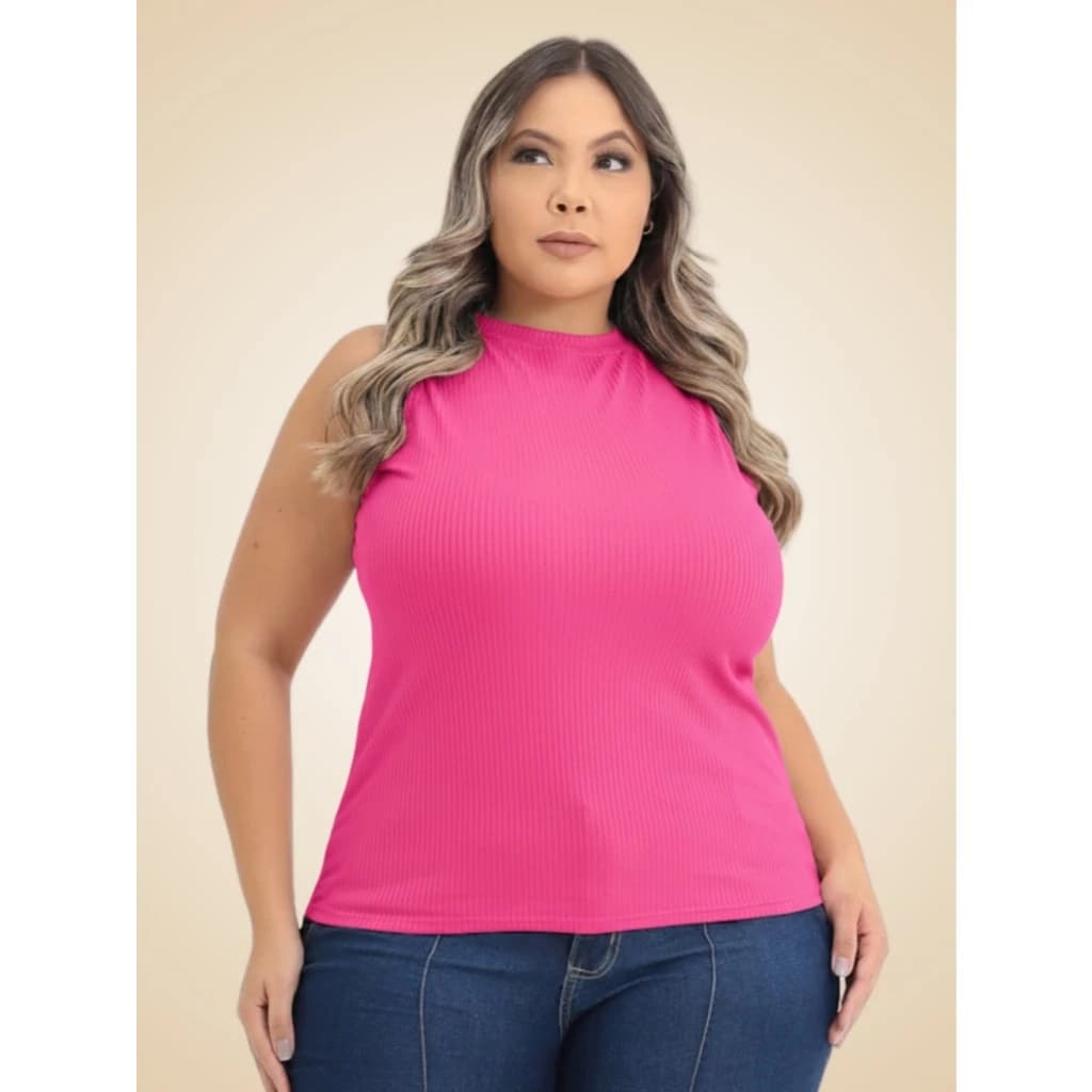 Regata Ribana Plus Size c Gola Alta Blusa sem Manga em Malha Canelada