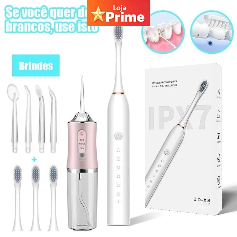 Escova Dental Elétrica Sônica + Irrigador Oral Portátil - Limpeza Profunda e Eficiente