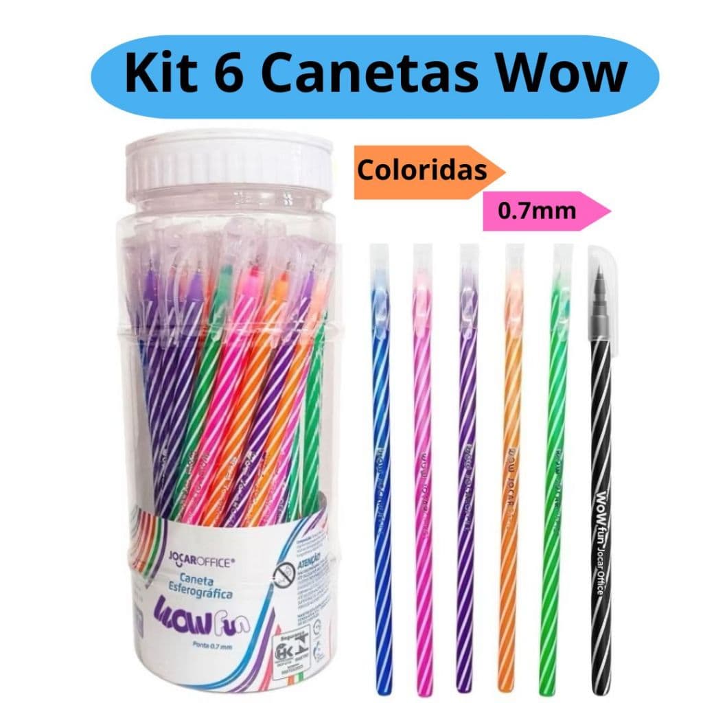 Kit 6 Canetas Wow Esferográfica 0.7 Coloridas e Preta Escritório Escolar
