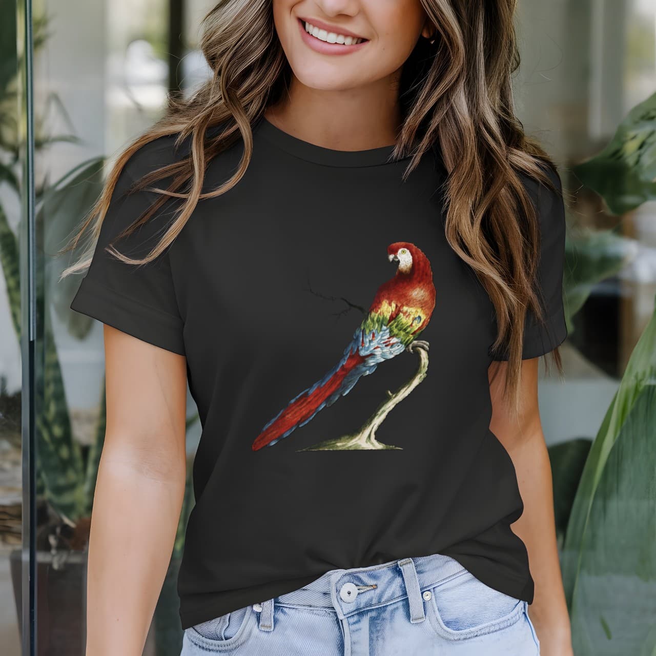 Camiseta Feminina T-shirt Arara Vermelha Tropical Fundo Preto Arte Colorida 100% Algodão Tendência