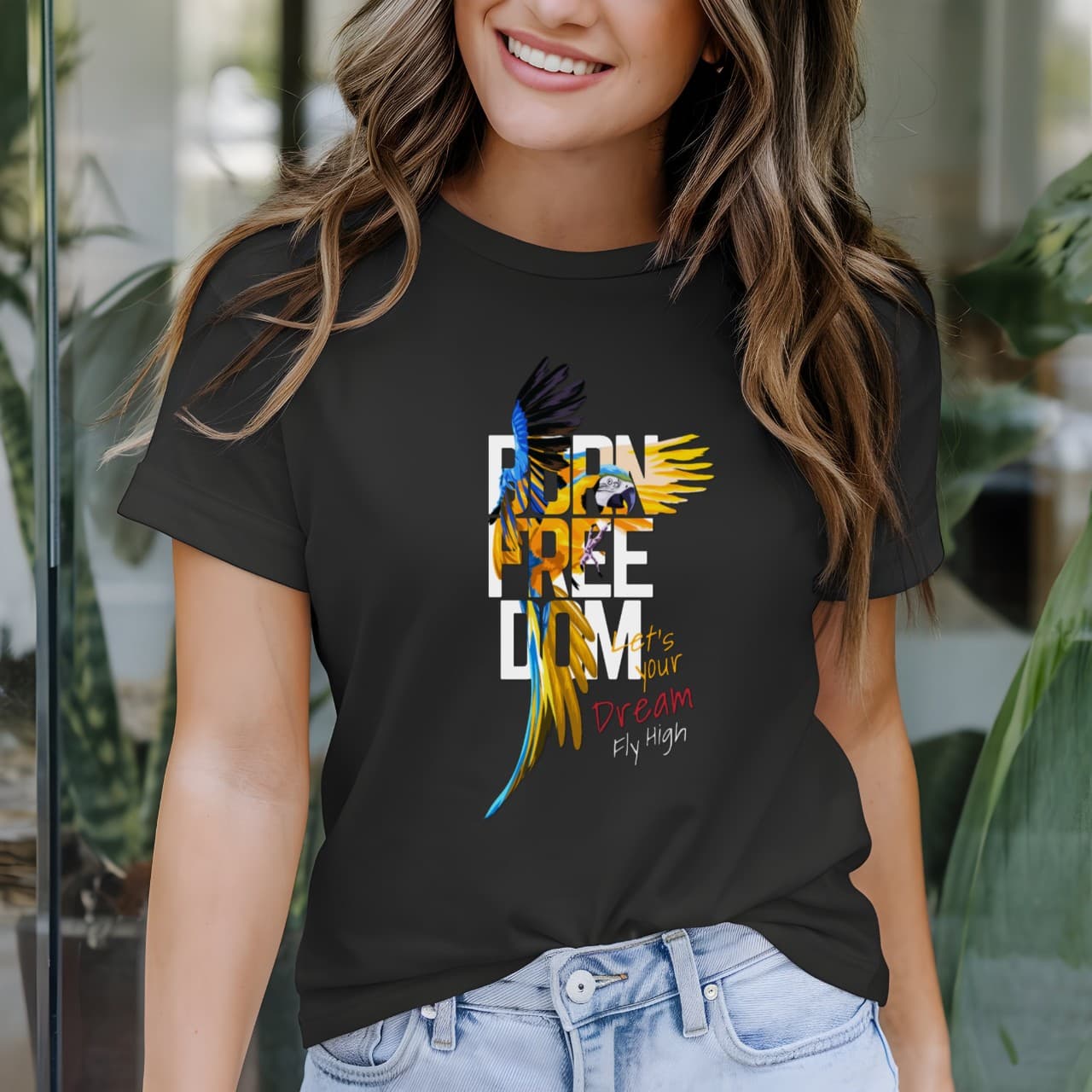Camiseta Feminina T-shirt Arara Azul Estilizada Let's Your Dream Inspiradora 100% Algodão Tendência