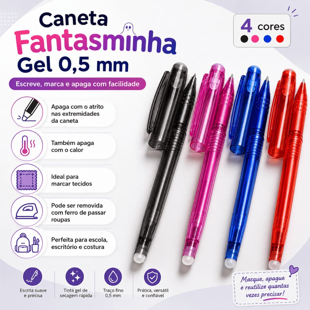 Caneta Apagável Fantasminha Gel 0.5mm Escolar Escritório Tecido Costura Apaga com Calor Atrito