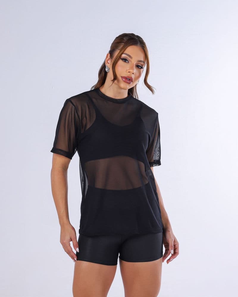 BLUSA DE TULE Feminina Transparente Academia Fitness com Manga