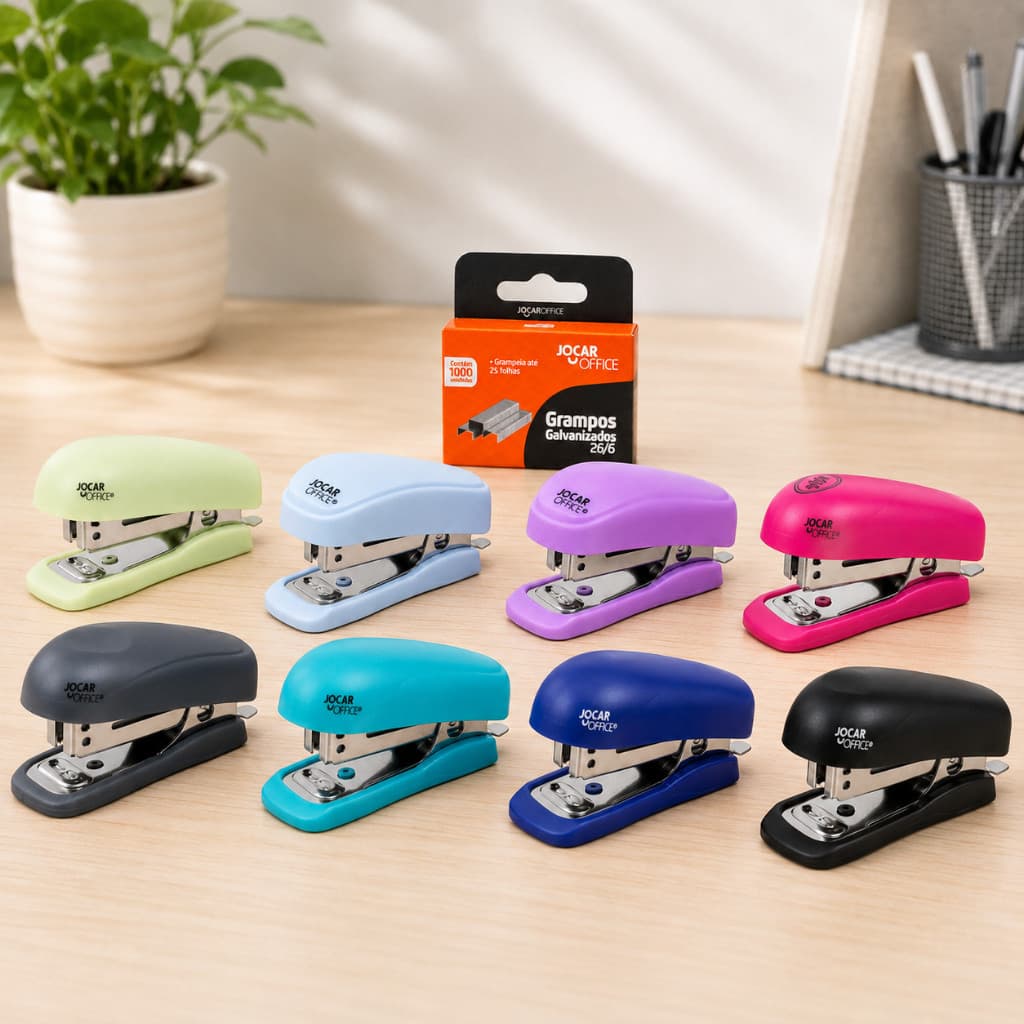 Grampeador Mini + 1000 Grampos Cores Sortidas Jocar Office Escolar Escritório