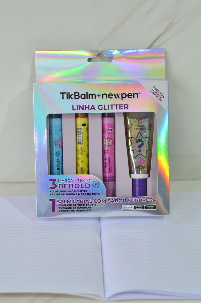 Marca Texto TikBalm + 3 marca texto com glitter + lipbalm