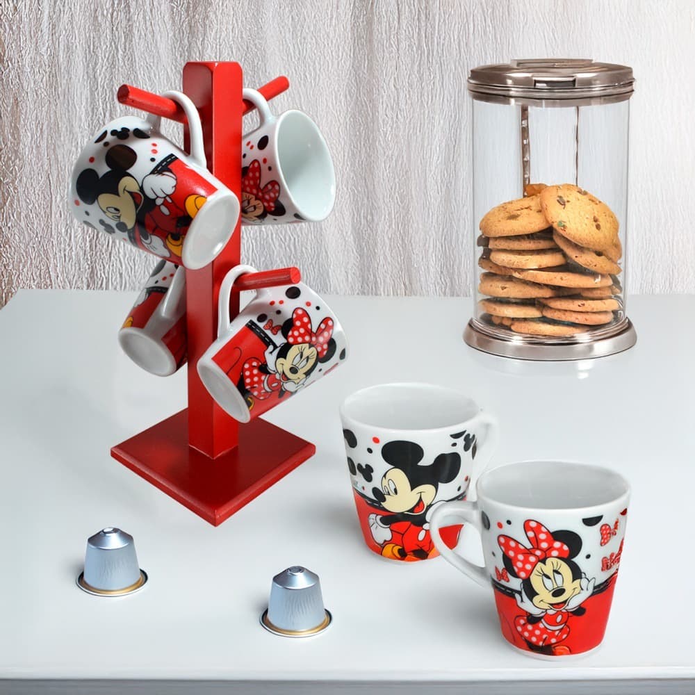 Kit 4 Xícaras 120ml Decoradas Mickey Minnie Suporte Madeira Preto Vermelho Chicara Decoração