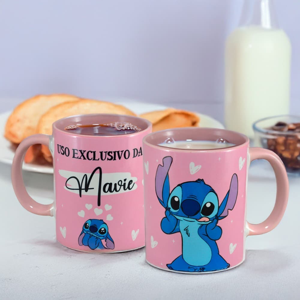 Caneca Personalizada Stitch 325ml Cor Rosa Uso Exclusivo Coloque Nome Café Leite Chá Decoração