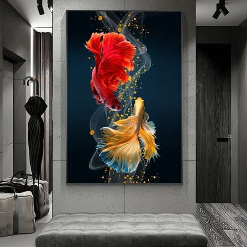 quadro placa decorativo  Peixe beta vermelho dourado para sala quarto cozinha hall  tamanho grande/sem moldura