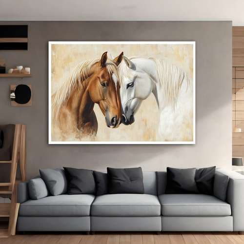 quadro placa decorativo  Casal de cavalo branco marrom para sala quarto cozinha hall  tamanho grande/sem moldura