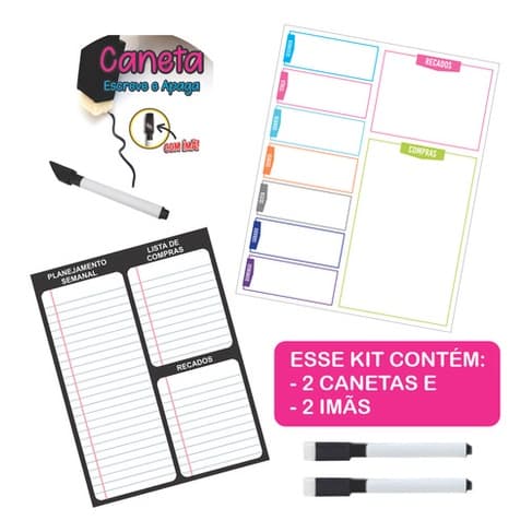 Kit Imã Decorativo de Geladeira  Quadro Magnético 19x25cm com 2 Canetas