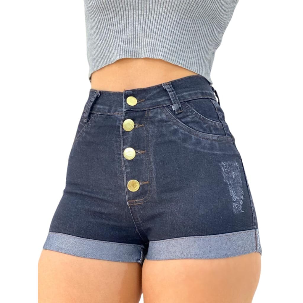 Short Jeans Feminino Curto Cor Escuro Barra Dobrada Levanta Bumbum Cintura Alta Short Modela Corpo Algodão com Lycra