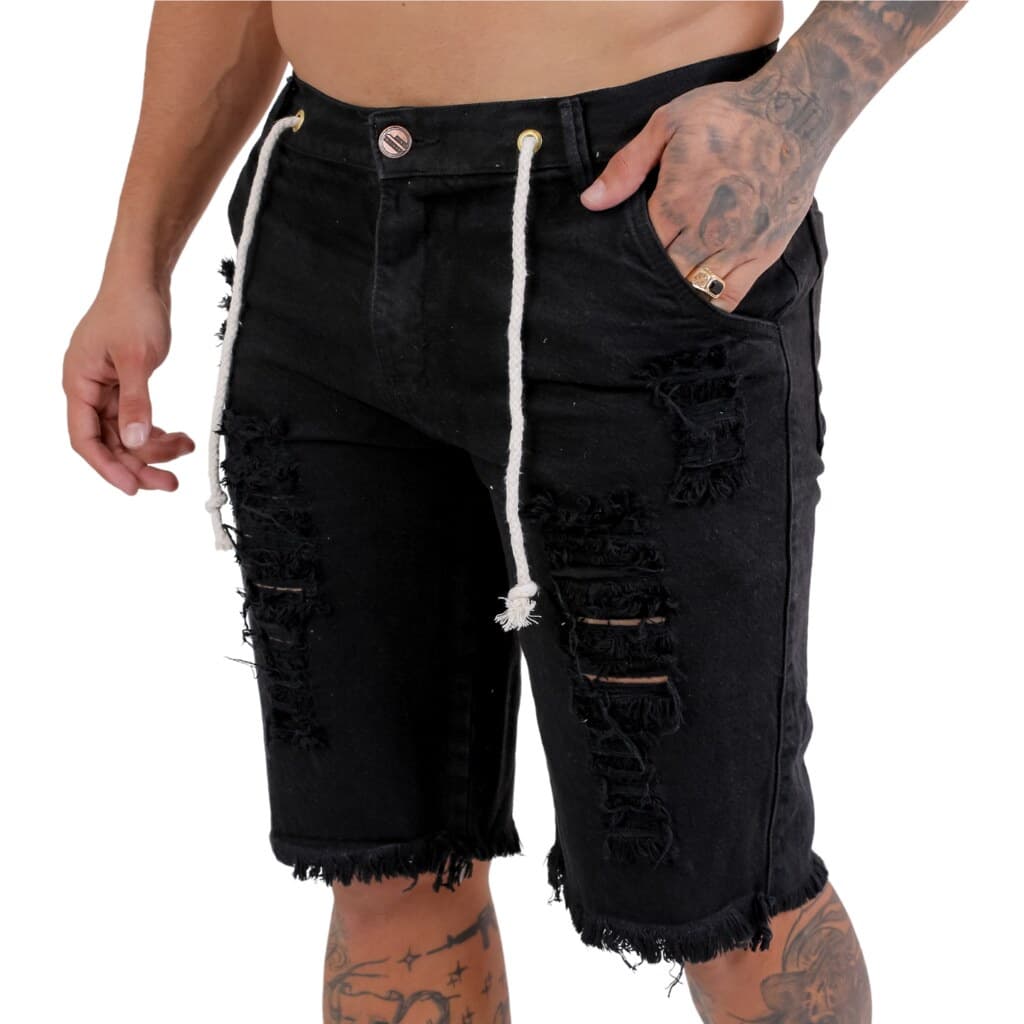 Bermuda Masculina Jeans Cor Preta, Barra Desfiada, Detalhe Rasgado Sinta-se Lindo