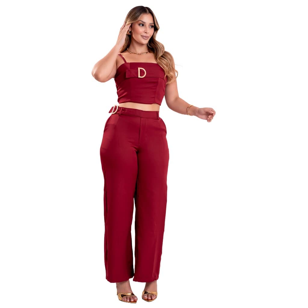 Conjunto Feminino de Alfaiataria Calça + Cropped, Sinta-se Linda