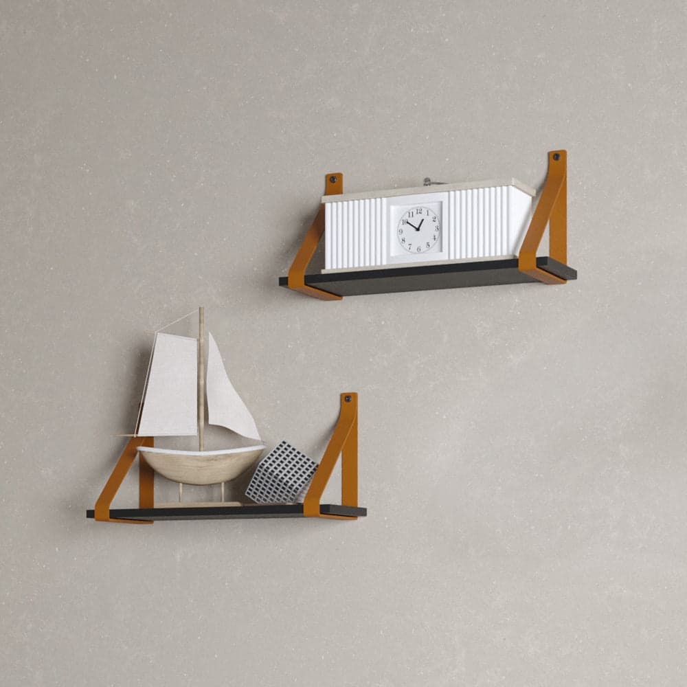 kit 2 Prateleiras Mdf Alça De Couro Caramelo Suporte De Parede Para Decoração Escritório
