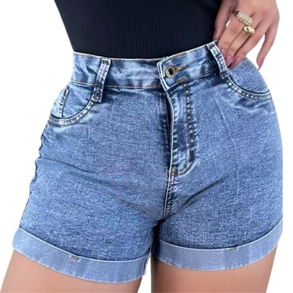 Short Jeans Feminino Cintura Alta Barra Dobrada Marmorizado com Lycra, Loja Rose