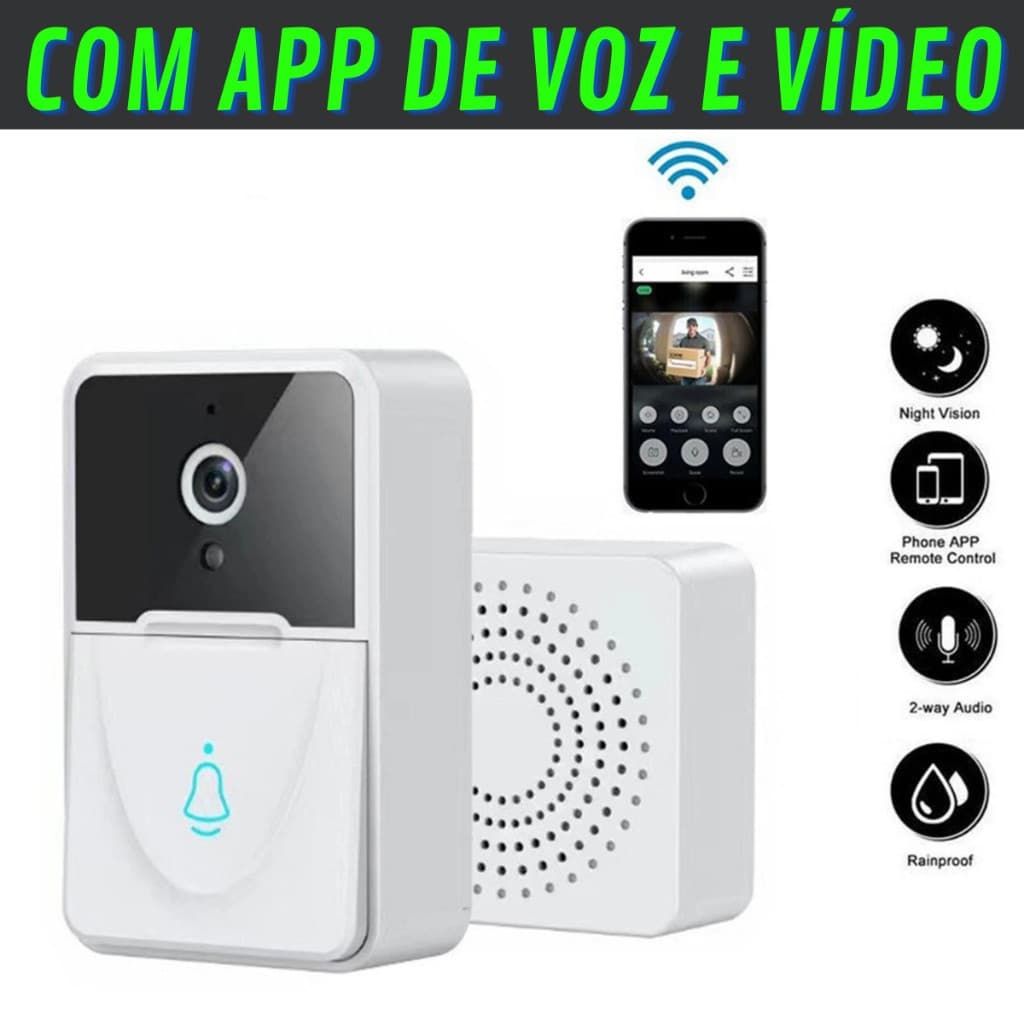Campainha Com Câmera Vídeo Porteiro Sem Fio Wi-Fi HD Inteligente Smart Home Vê Pelo Celular Recarregável