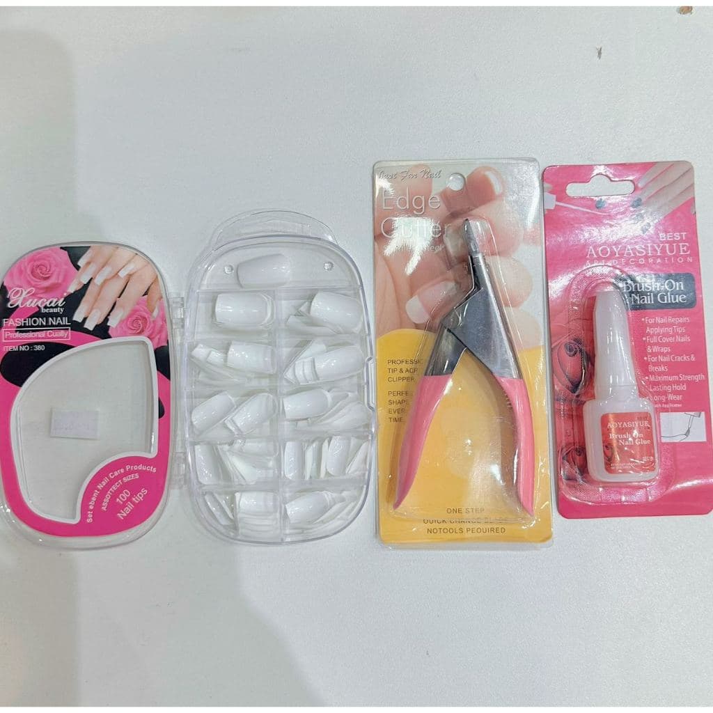 Kit 100 Unhas Postiças Naturais Nova Qualidade+1un Alicate Cortador Unhas Tips Acrigel+Cola para unhas