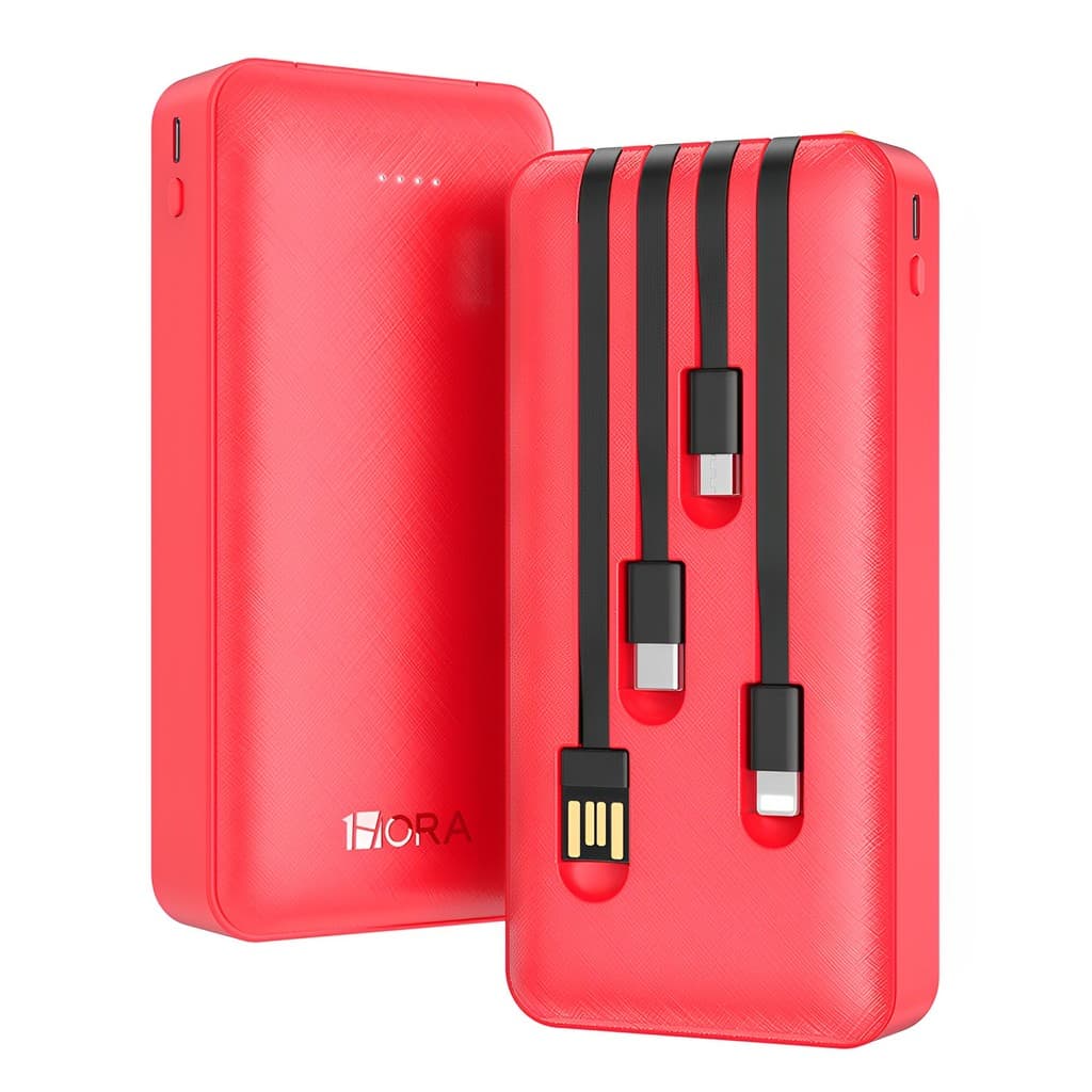 Carregador Portátil 1HoraPower Bank com Cabos Vermelho
