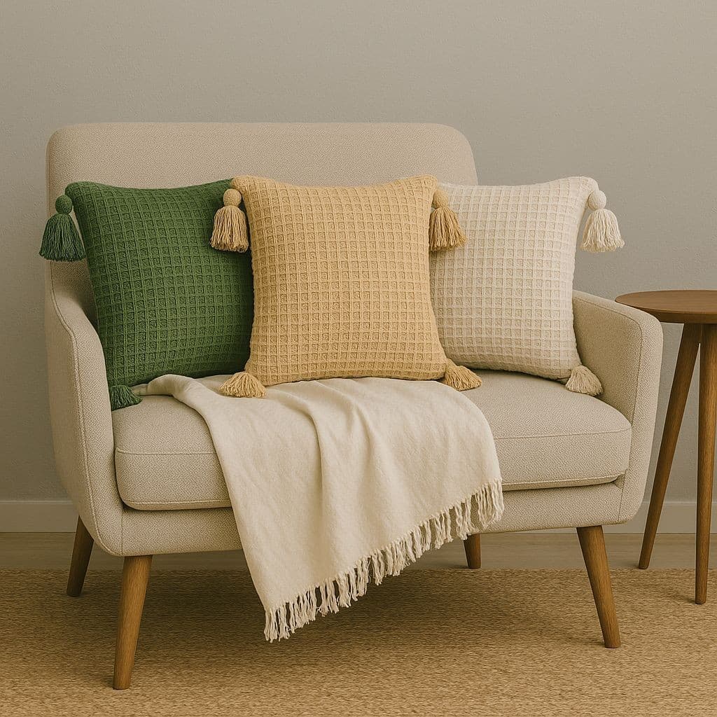 Capa de Almofada Boho 45x45 Pompom Algodão Piquet Para Sofá BohoChic Elegante