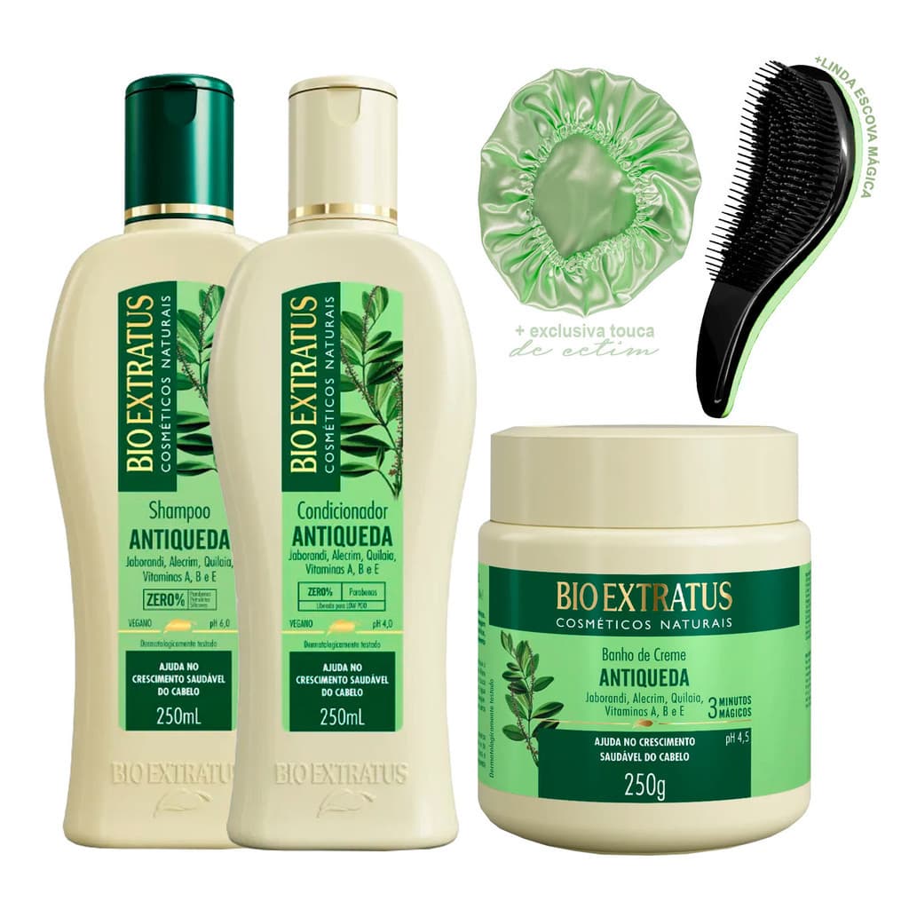 Kit Shampoo + Condicionador + Máscara Jaborandi Bio Extratus Original 250ml +Escova/Touca