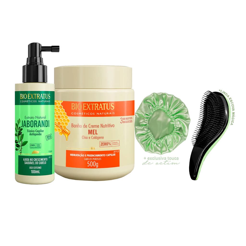Tônico Antiqueda Jaborandi + Máscara Mel Bio Extratus Original 500g +Escova/Touca