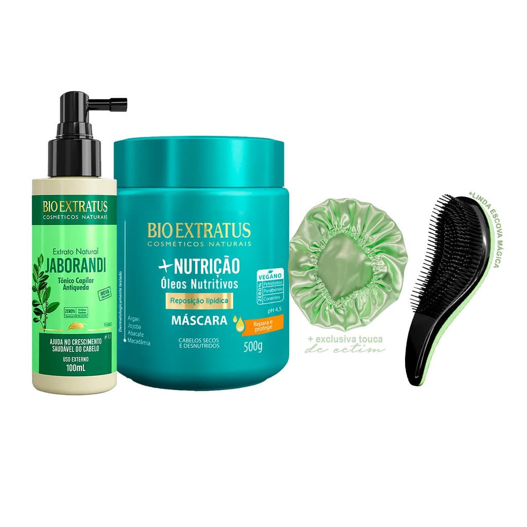 Tônico Jaborandi Antiqueda + Máscara +Nutrição Bio Extratus Original +Escova/Touca