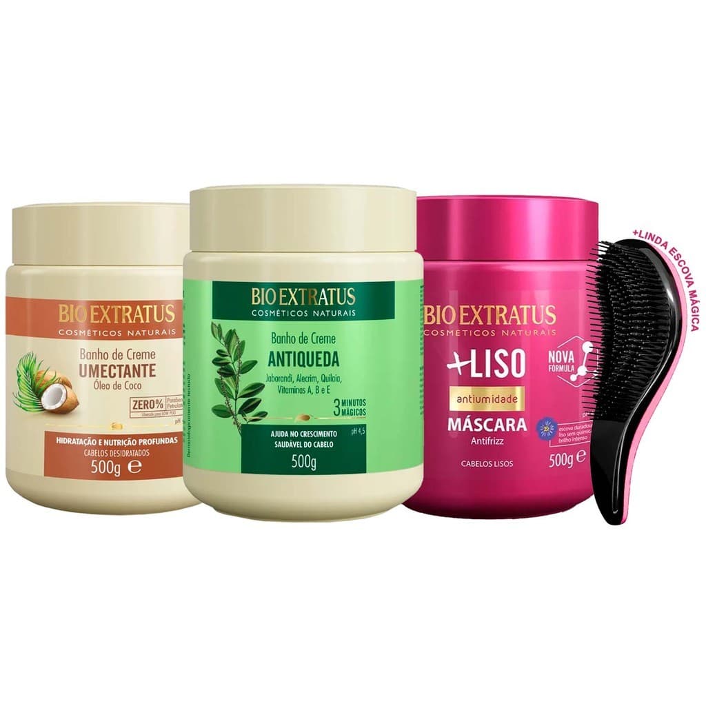 Kit Máscaras Bio Extratus Original Coco Jaborandi +Liso 500g +Escova