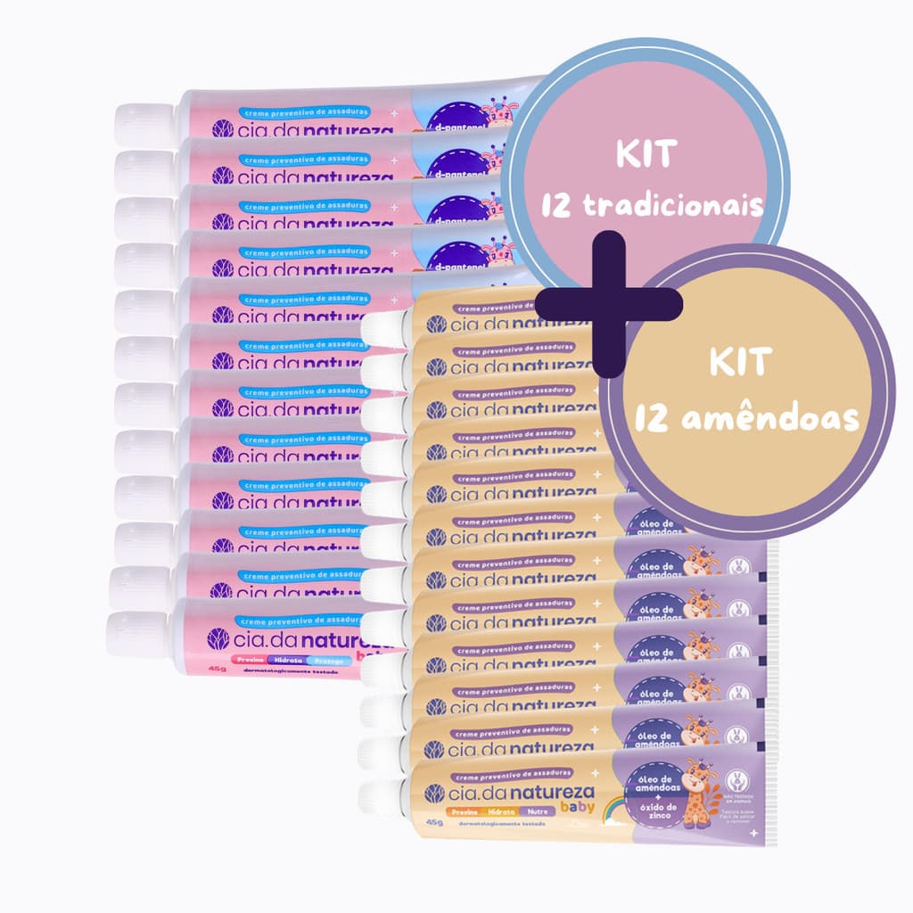 Kit C/24 Creme Pomada Assaduras Cia da Natureza Baby - 12x Tradicional 45g + 12x Óleo de Amêndoas 45g
