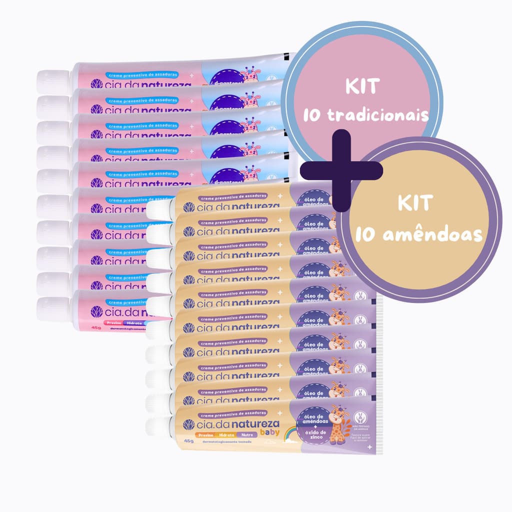 Kit C/20 Creme Pomada Assaduras Cia da Natureza Baby - 10x Tradicional 45g + 10x Óleo de Amêndoas 45g