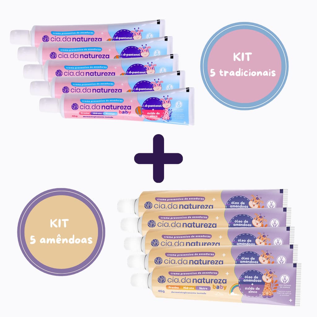 Kit C/10 Creme Pomada Assaduras Cia da Natureza Baby - 5x Tradicional 45g + 5x Óleo de Amêndoas 45g