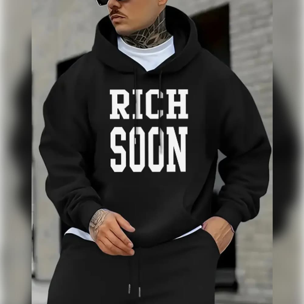 Moletom Estampado Rico em Breve, Moletons Legais Para Homens, Moletom Casual com Capuz e Bolso Canguru para Inverno e O