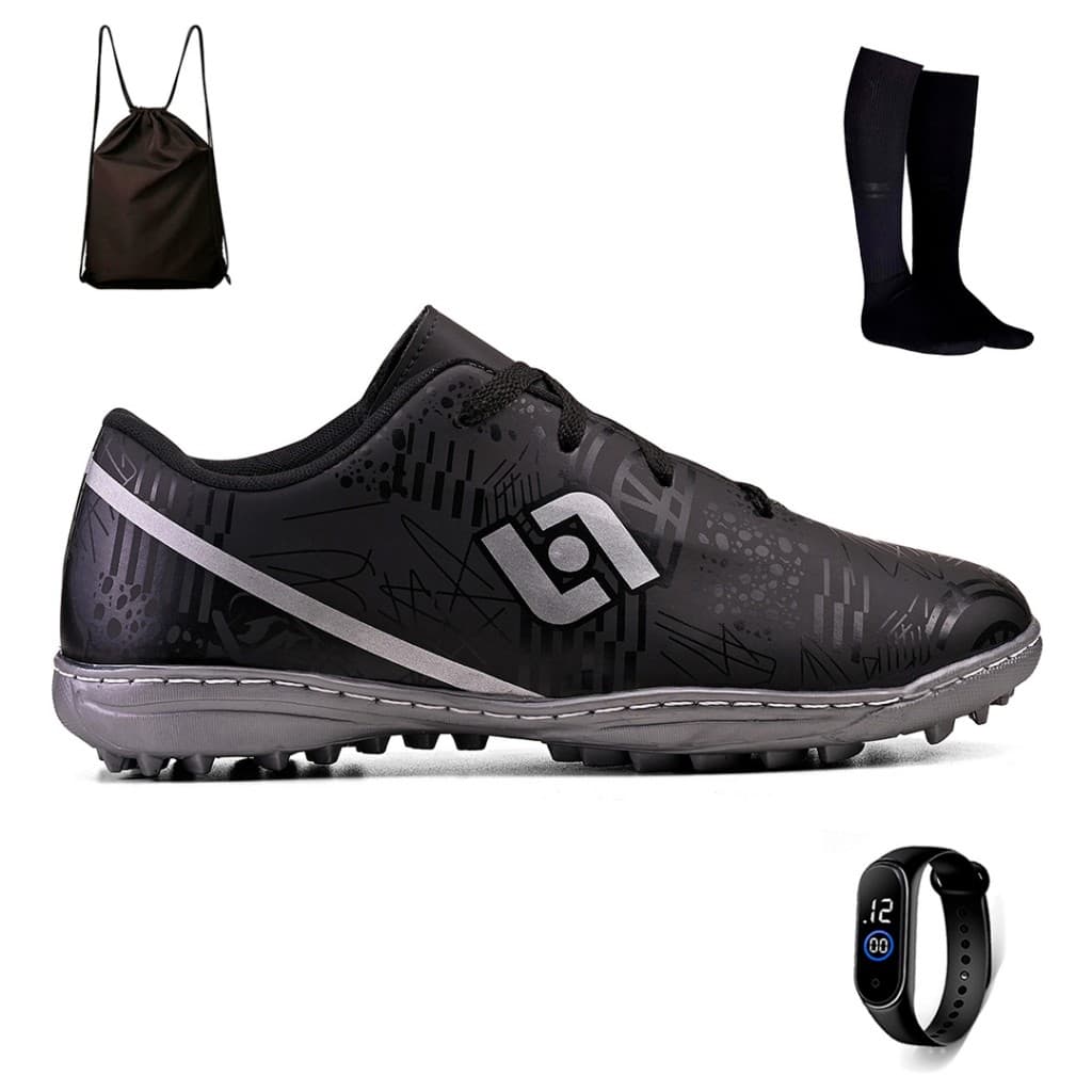 Kit Chuteira Infantil Society Costurada Futebol Light + Mochila + Meiao e Relogio