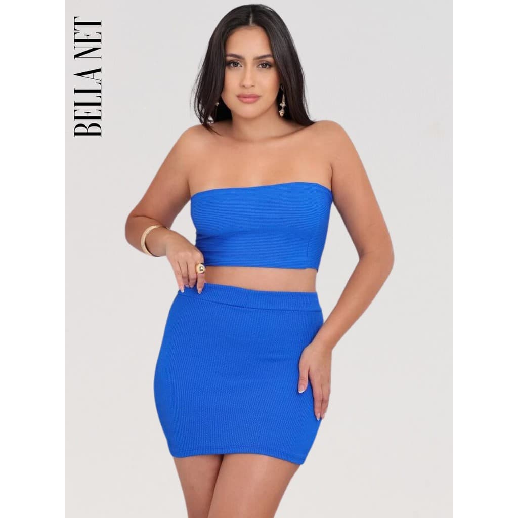 Conjunto feminino top faixa com saia cintura alta coladinha anarruga tecido luxo - Azul - M