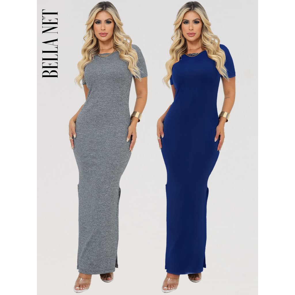 KIT 2 Vestidos Longos com Manguinha Fendas Laterais Lindo Moda Gringa - Cinza e Azul - P
