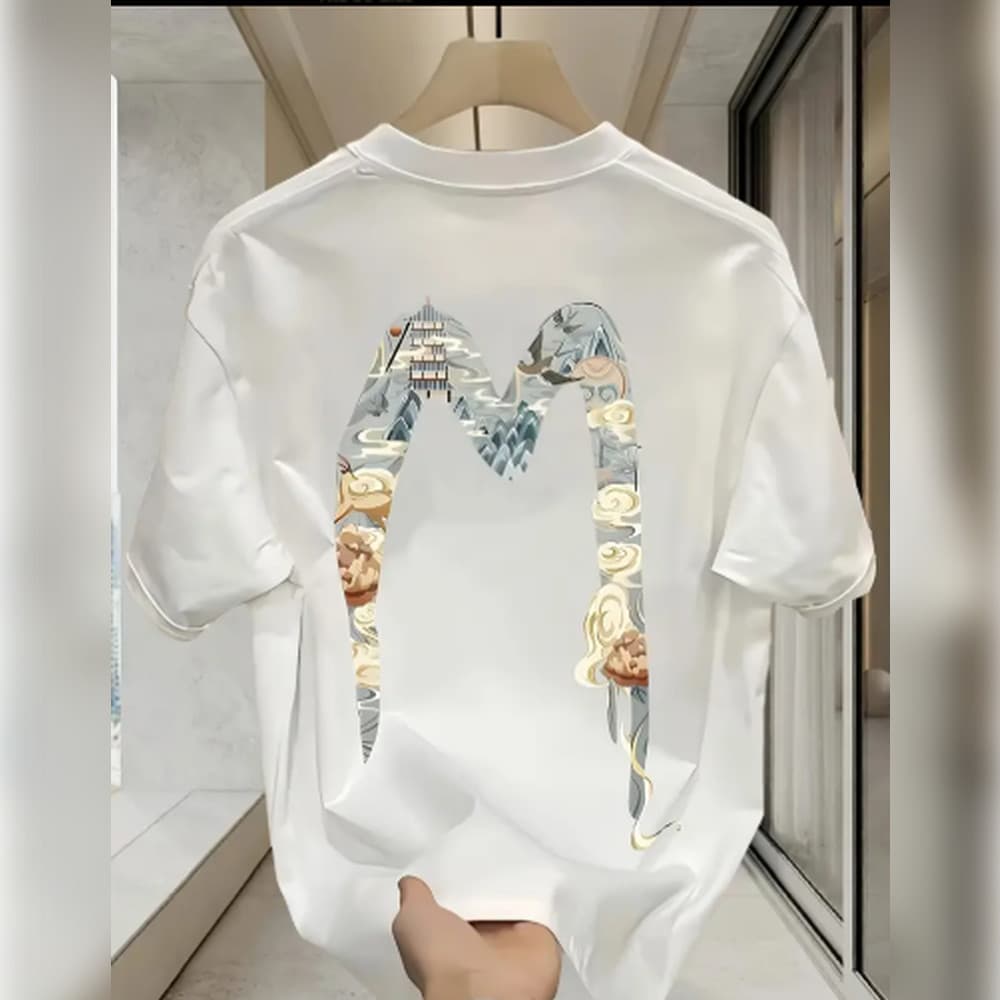 T-shirt de gola redonda para homem com padrão de alfabeto - Manga curta, corte solto, tecido de malha, impressão de tra