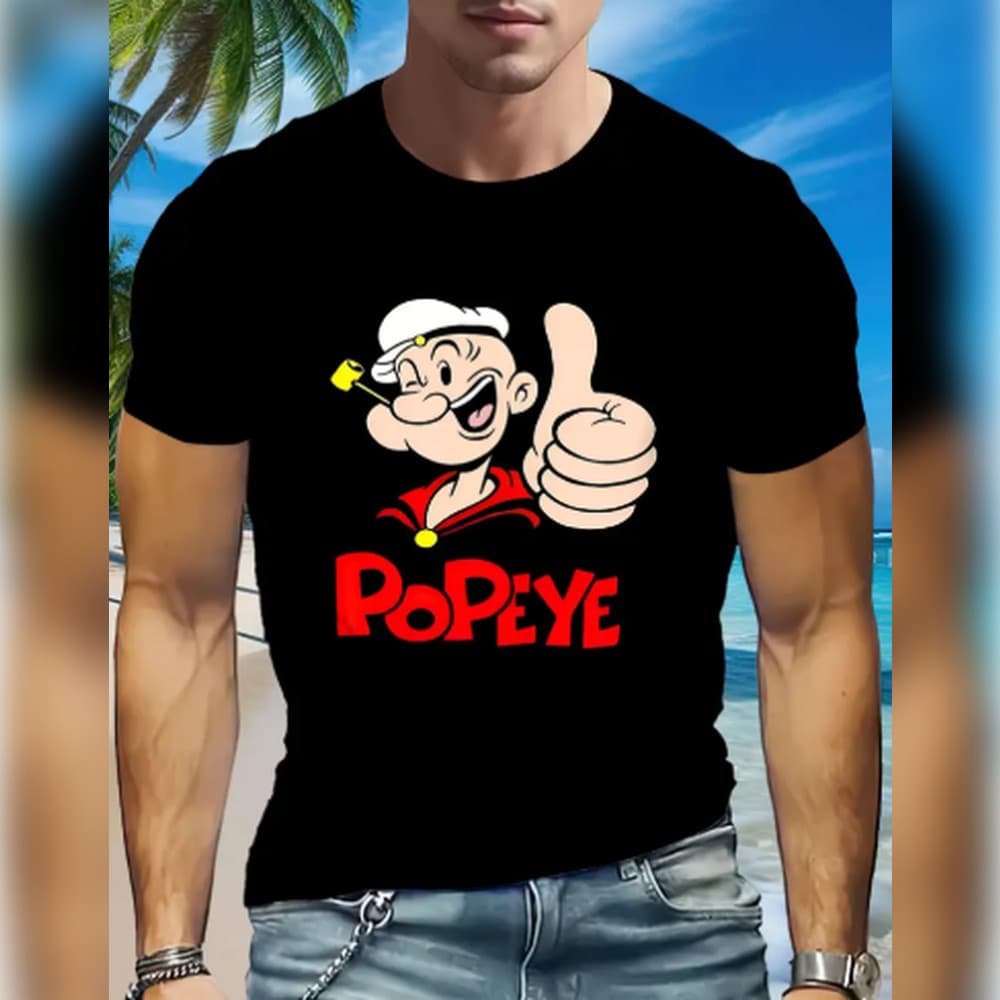 Camiseta Popeye Graphic Crew Neck - Camiseta casual de malha de Algodão com mangas curtas, leve elasticidade e detalhes
