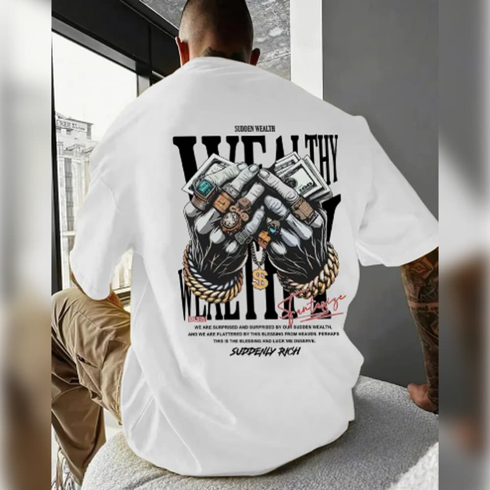 Camiseta Casual Masculina com Design de Joalheria de Mão Única - Mistura de Algodão Macio, Ajuste Elástico, Lavável à M