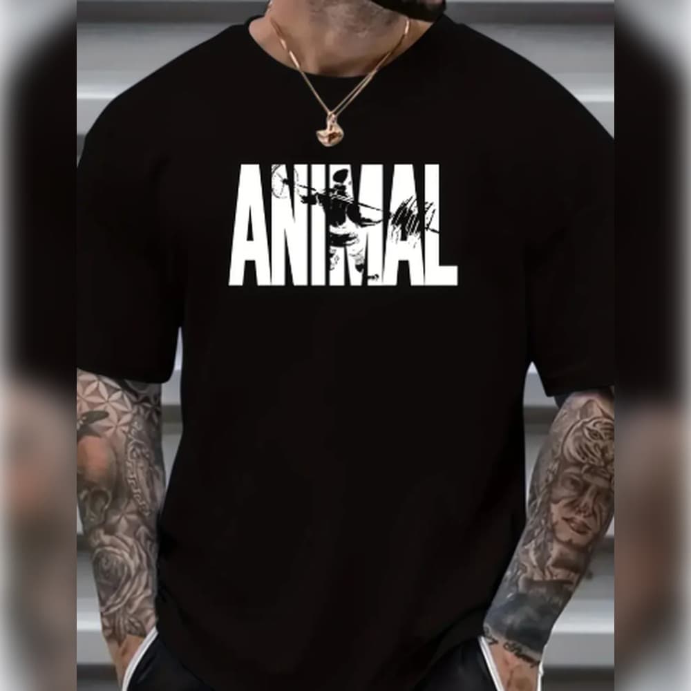 Camiseta masculina "ANIMAL" com estampa gráfica Plus Size, Roupas masculinas