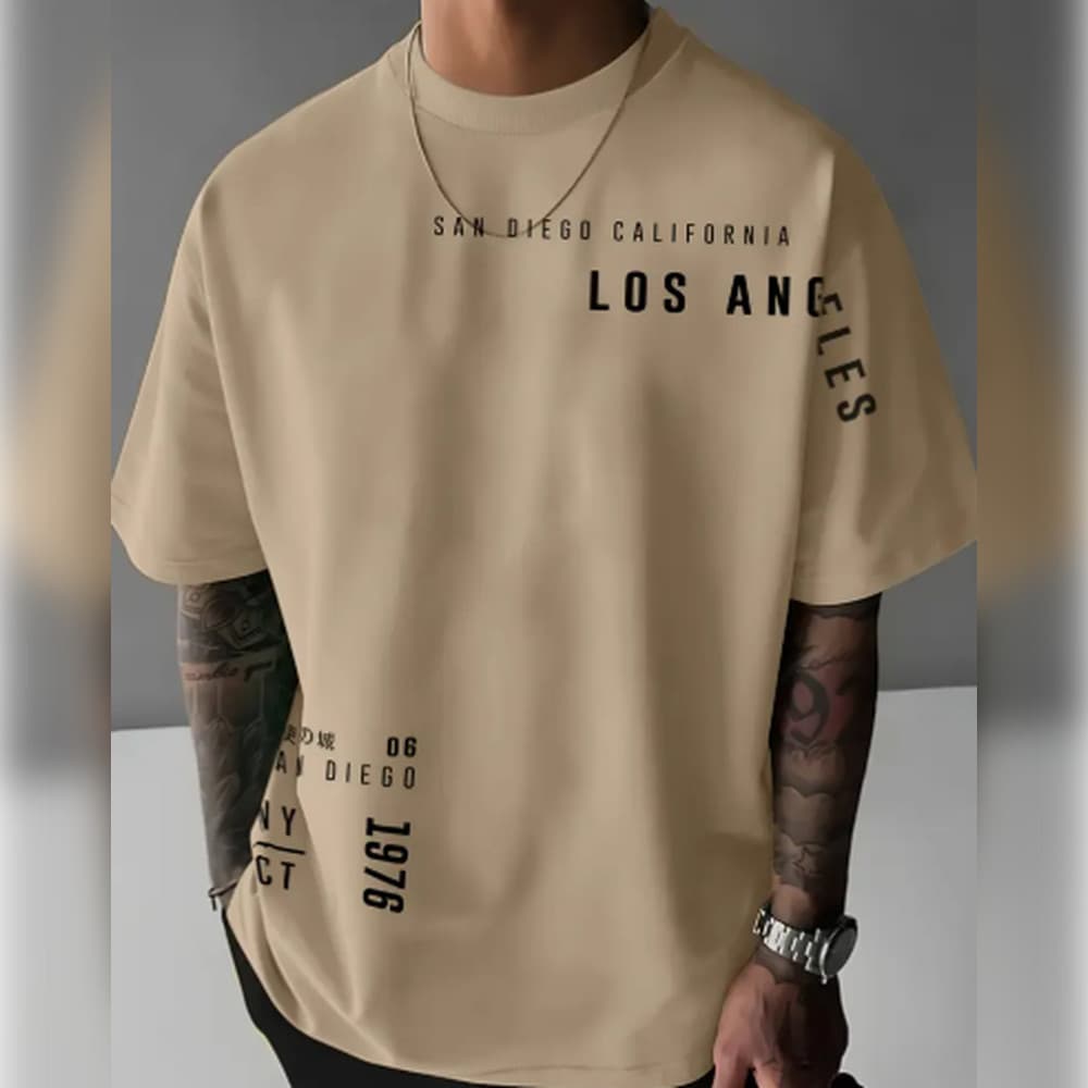 T-shirt casual para homem com gráfico "Los Angeles" - Azul, manga curta, decote redondo, confortável e elegante para o