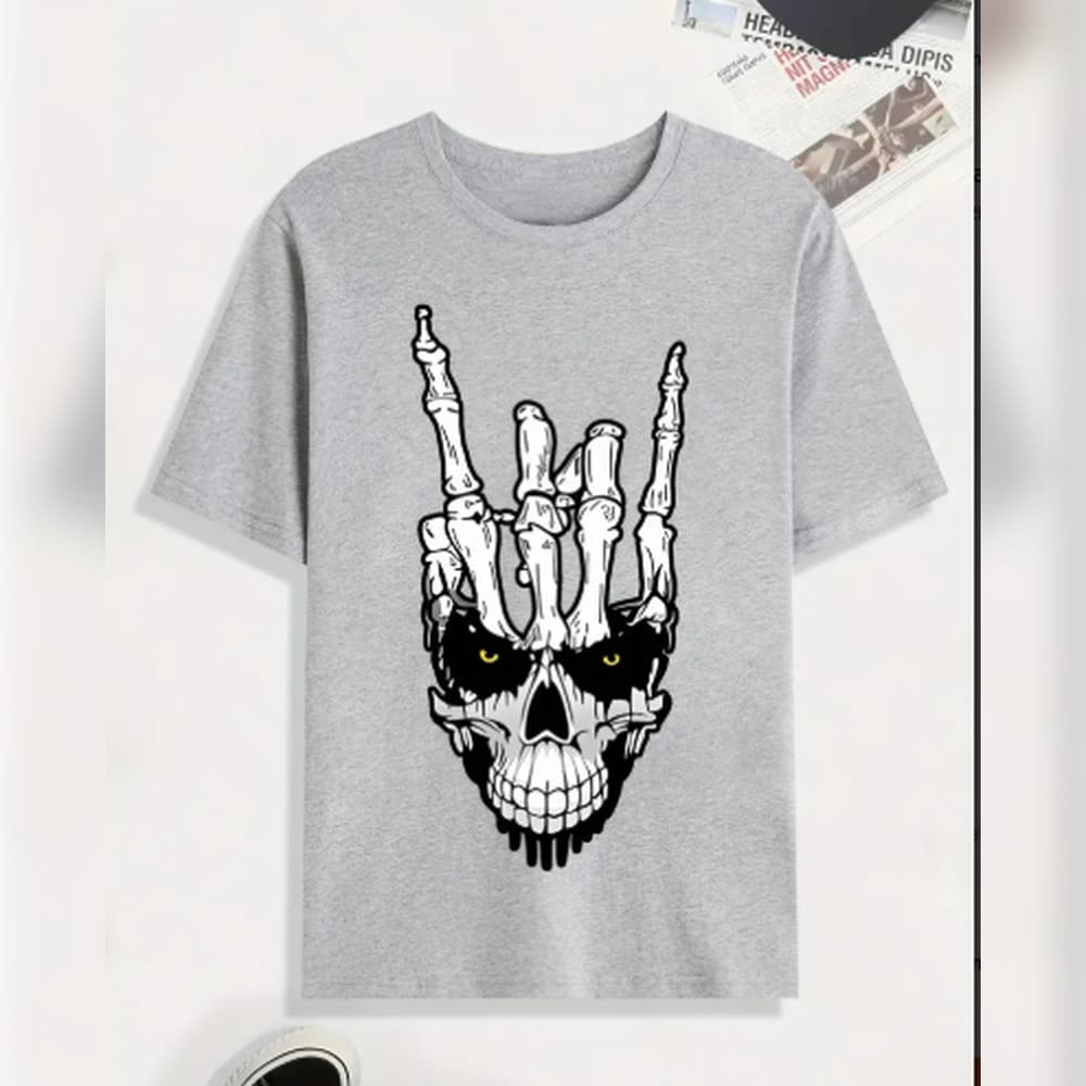 Camiseta com estampa de mão de caveira, camiseta para homens, camiseta casual de manga curta para o verão, primavera e